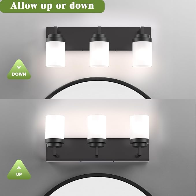 Bathroom Vanity Light, 3 Light Matte Black Vanity Light with White Matte Glass Shade, 22in Farmhouse Wall Light, Lighting Fixtures Over Mirror for Bathroom/Living Room