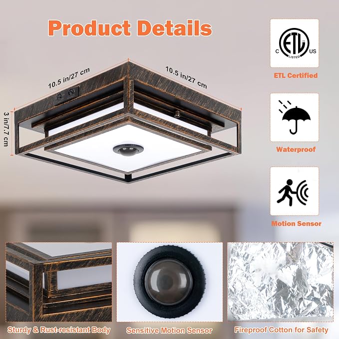 LED Motion Sensor Outdoor Ceiling Light Dusk to Dawn Black Brushed Gold | 10.5", Square, Flush Mount, Adjustable Color, Modern, Waterproof, for Exterior Porch Garage Entryway Patio