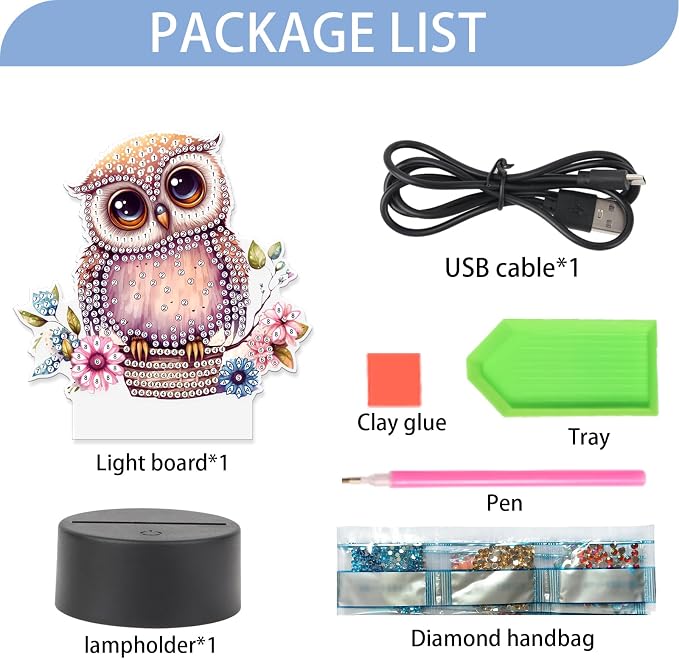 JISHSHAY Diamond Painting Night Light Diamond Art Table Lamps Gem Art LED Lights Gem Painting Desk Lamp Mosaic Kits for Adults DIY Kits for Adults Paint by Numbers, with Special Shaped Crystal, Owl