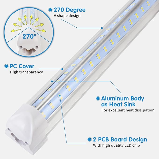 Led Shop Light, Led Garage Light,2FT 25W 6500K Daylight 3200LM Linkable Clear Cover Integrated V-Shape for Shop Under Cabinet Office General Lighting,Cool White(4-Pack)