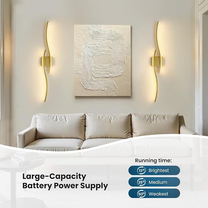 Gold Battery Operated Wall Sconces: 39.3 Inch Rechargeable Wall Sconce Set of 2 with Remote Control/3 Colors/10-100% Dimming/Timer Modern LED Wall Light for Bedroom Living Room Hallway Bathroom, 2 Pcs