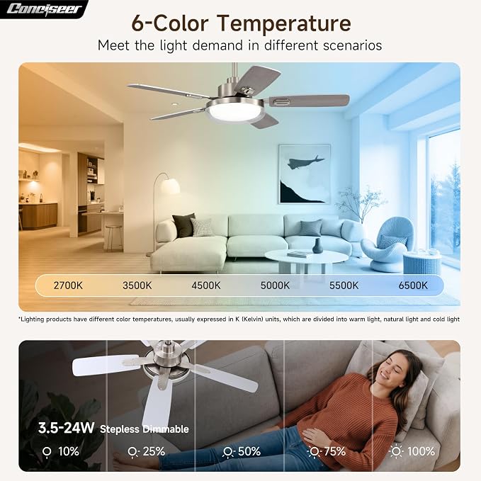 44 Inch Ceiling Fans with Lights and Remote, Bedroom Living Room Office Outdoor , 5CCT Dimmable, Dual Color 5 Blades, 6 Speed Reversible Quiet DC Motor, Dual-Layer Shade, Sand-nickel/Wood Grain
