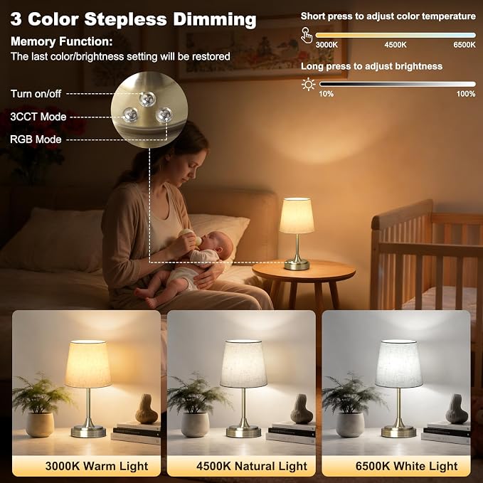 Wowag Small Cordless Table Lamp Rechargeable,5000mAh Battery Operated Desk Lamp,3 Colors & 7 RGB Stepless Dimmable,Touch Ambient Light for Bedside,Bedroom,Dining Room,Living Room,Bronze,FlaxenShade