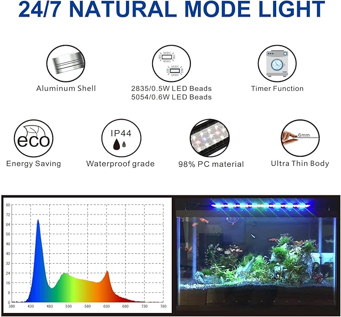 OYO WATER Aquarium LED Light 24 Inch with Timer, 24/7 Cycle, 5 Dimmable Brightness, Sunrise/Sunset Simulation for 10/20/30/55 Gallon Fish Tank