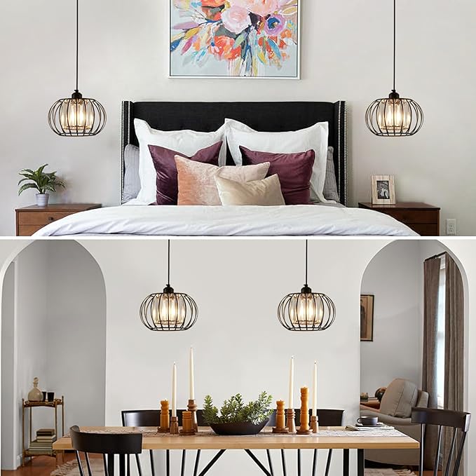 Black Pendant Light Fixture, Farmhouse Hanging Lights with Crystal, Adjustable Mini Kitchen Pendant Light, Modern Industrial Metal Wire Caged Hanging Pendant Lamp for Living Room, Bedroom