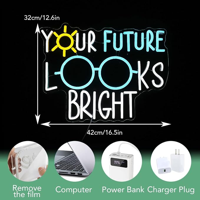Your Future Looks Bright Neon Sign for Classroom Future Neon Light Eyeglasses Led Neon Sign Sunshine Light Up Sign for Classroom Office Bedroom Eyeglasses Store Class Office(16.5”*12.6”)