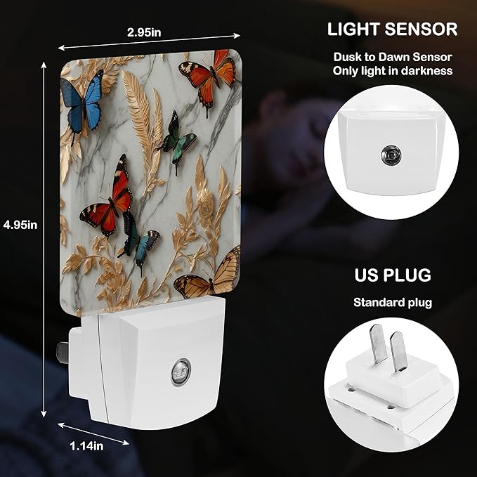 LED Night Light Lamp with Smart Sensor Dusk to Dawn Sensor,Marble with Feathers Flowers and Butterflies Night Light Daylight White,0.5W Plug-into Wall for Adults,Bedroom,Hallway,Kitchen