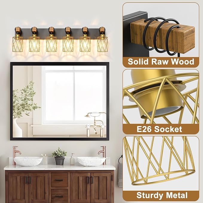 IZORRO Farmhouse Bathroom Vanity Light, 6-Light Wood Bathroom Light Fixtures Over Mirror, Black and Gold Industrial Vanity Lights with Metal Shade, Rustic Restroom Lighting Fixtures