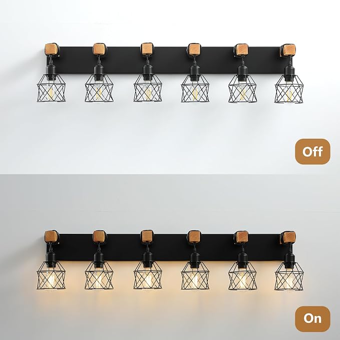 Farmhouse Vanity Light Fixture,6-Light Bathroom Lighting,Black Industrial Wood Wall Light Over Mirror with Metal Shade,LED Bulbs Not Included