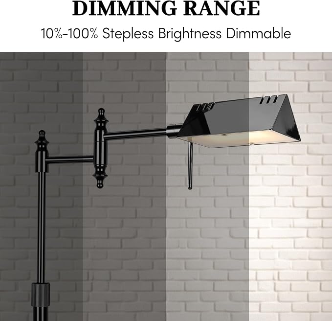 Bairth Black Chrome Reading Floor Lamp, Dimmable Pharmacy Standing Lamp | 3 Color Temperature, Dimmable, 17W LED, Height Adjustable, 360°Swing Arm, for Living Room, Bedroom, Office, Craft & Sewing