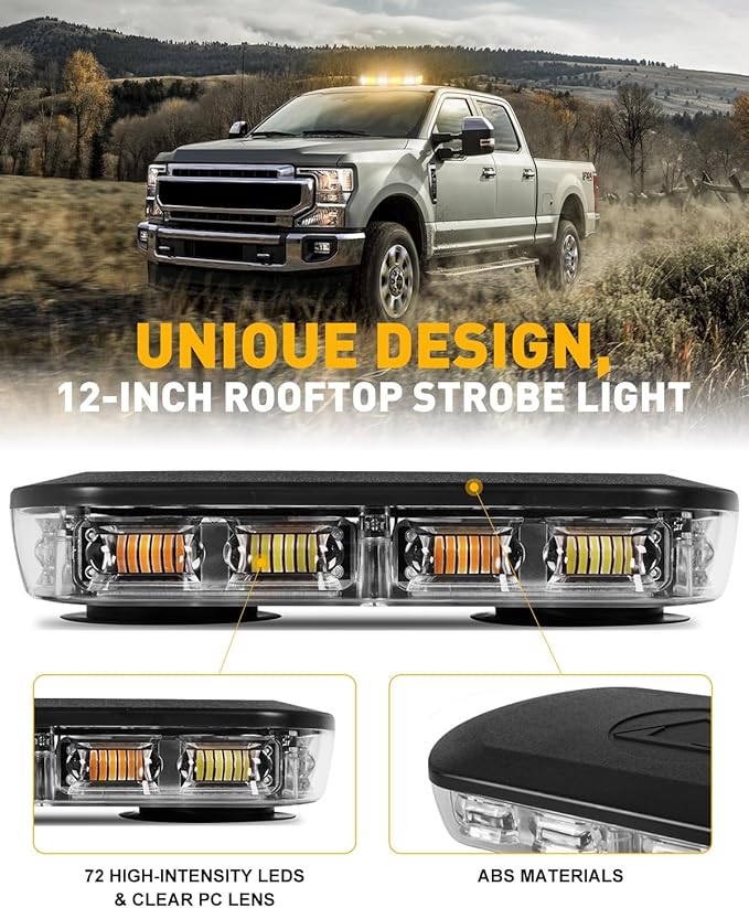 HLauto 700A Rooftop Emergency Strobe Lights Bar, 72 LED Amber White Mini Beacon Safety Flashing Warning Traffic Lights Bar w/Magnetic Base for 12-24V Trucks, Construction Vehicles, Snowplow, Cars