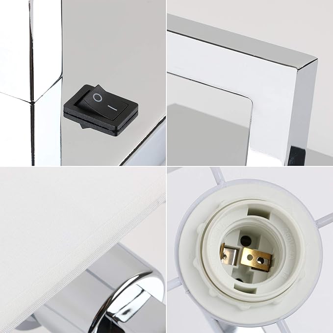 PERMO Single Wall Sconce Light Fixture Chrome Finish with White Textile Shades and On/Off Switch Button Small Modern Nightstand Lamps for Bedrooms Bedside Reading