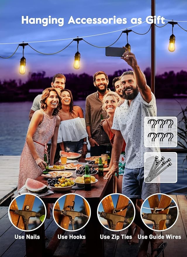 Outdoor String Lights, 52FT 15 Bulbs Shatterproof Patio Lights with Remote | IP65 Waterproof Dimmable Hanging Connectable LED Outdoor Lights for Backyard, Bistro, Porch, Deck, Balcony