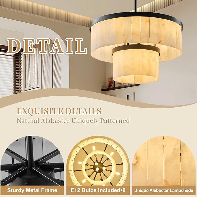 Alabaster Chandelier 2-Tier D24 Round Chandeliers, Modern Dining Room Chandelier Marble Pendant Light Farmhouse for Living Room, Bedroom, Foyer, Kitchen, Entryway Black(Include Bulbs)