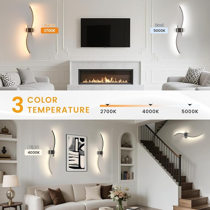 VOLISUN Battery Operated Wall Sconces Set of Two, 39.4 inch Wireless Wall Sconces, 3000K-6500K Dimmable Wall Lamps with Remote, Rechargeable Black Wall Lights for Living Room, Hallway, Bedroom