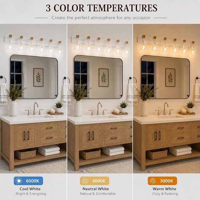 Farmhouse Vanity Light Fixture,6-Light Bathroom Lighting,White Modern Wood Wall Light Over Mirror with Metal Shade,LED Bulbs Not Included