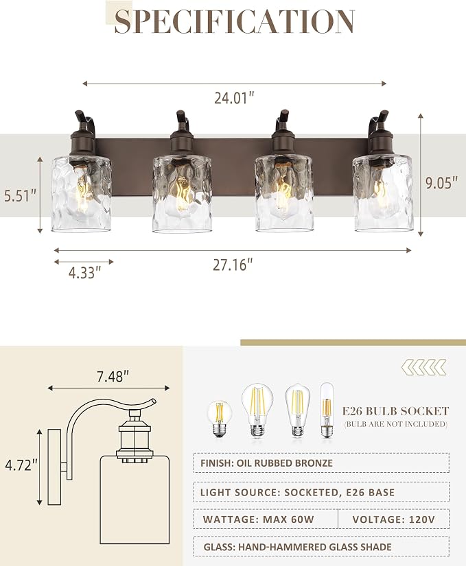 4-Light Bathroom Vanity Light,Hammered Glass,Oil Rubbed Bronze | 27 Inch Over Mirror Wall Light,E26 sockets,for bathroom mirror,powder room,dressing area