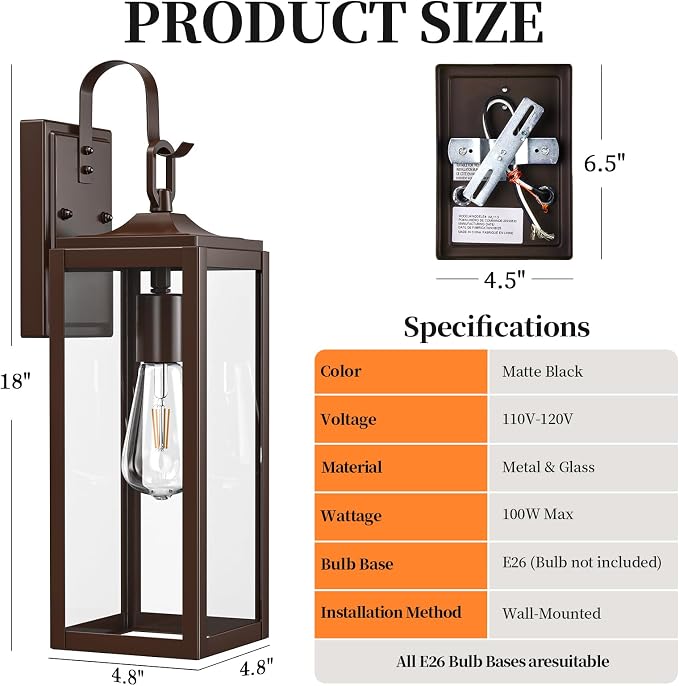 18'' Large Outdoor Wall Lights 2 Packs, Brown Exterior Lighting Fixtures | Waterproof Modern Outdoor Sconces Porch Light for House Wall Mount, Farmhouse Wall Lanterns for Front Door, Garage