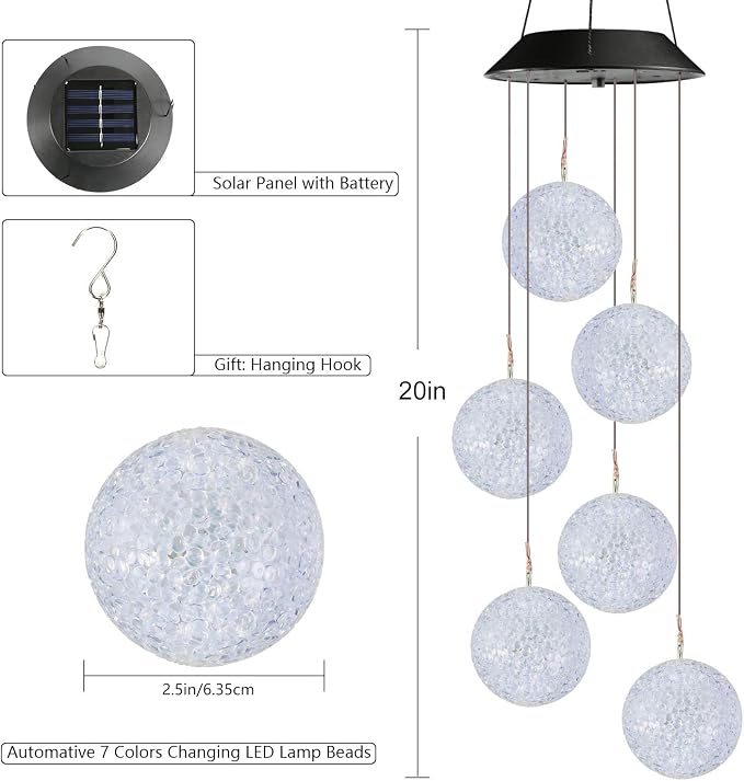 Toodour Solar Wind Chime, Color Changing Ball Wind Chimes Gifts for Mom | LED Decorative Mobile, Gifts for Grandma, Waterproof Outdoor Solar Lights for Garden Patio Party Yard Window Outdoor Decor