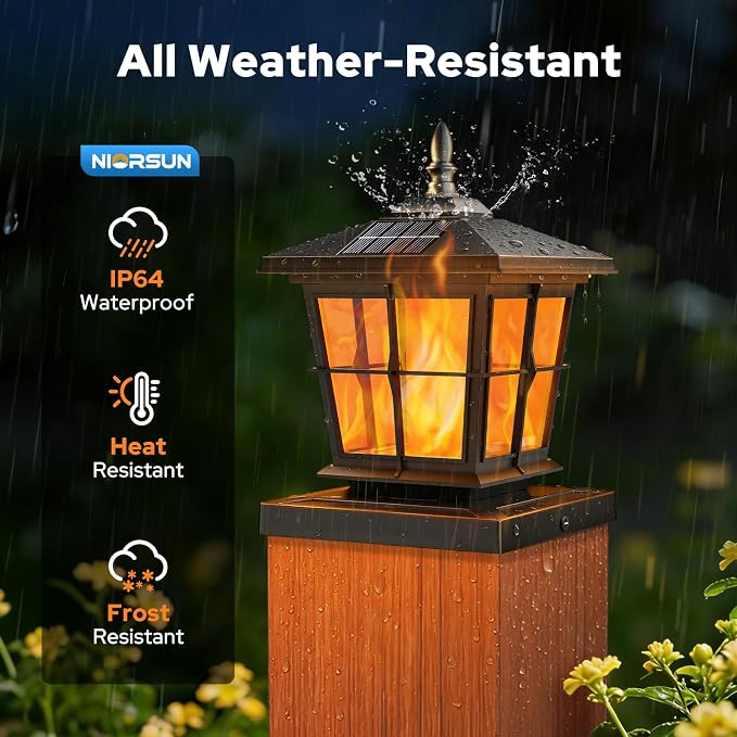 4x4 Post Solar Lights, Solar Post Lights Flame Light, 6 Pack Black | Solar Post Cap Lights, 4x4 Post Caps & 5x5 Wood Vinyl, IP64 Waterproof Fence Post Solar Lights Outdoor,Solar Deck Post Lights