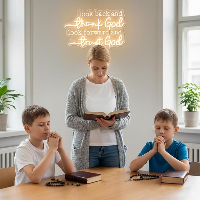 Christian Neon Sign – “Look Back and Thank God,Look Forward and Trust God” LED Neon Wall Decor with USB Power & Dimmable Brightness,Bible Verse Neon Light for Bedroom,Church,Home