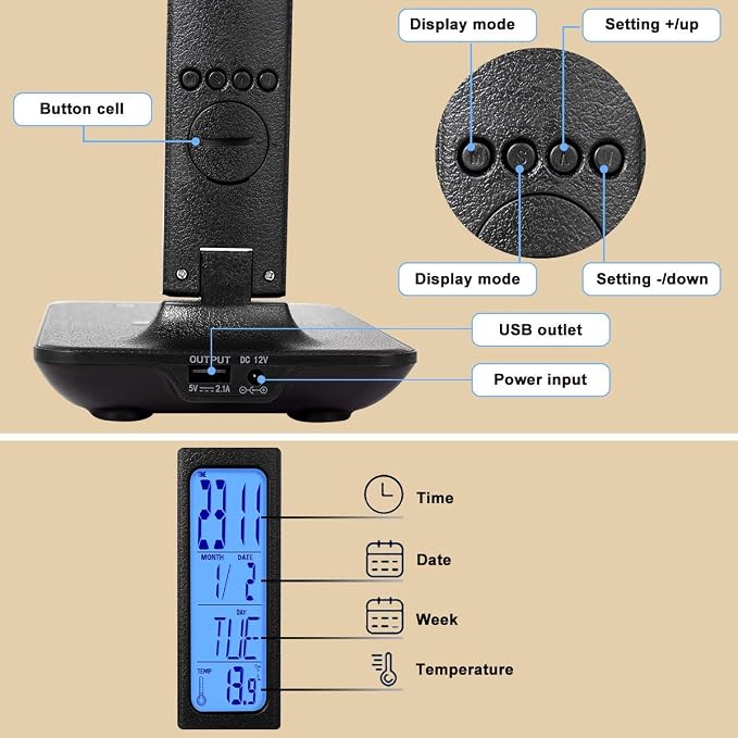 LED Desk Lamp with Wireless Charger, Suitable for Home, Office Dimmable, with USB Charging Port, Built-in Clock, Calendar, Thermometer and Automatic Timing Reading Desk Lamp.