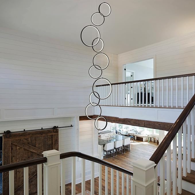 High Ceiling Chandelier 10 Ring Black Foyer Chandeliers Entryway Long Modern LED High Ceiling Light Staircase with Remote Control for Living Dining Room (98.5in 3000K-6500K)