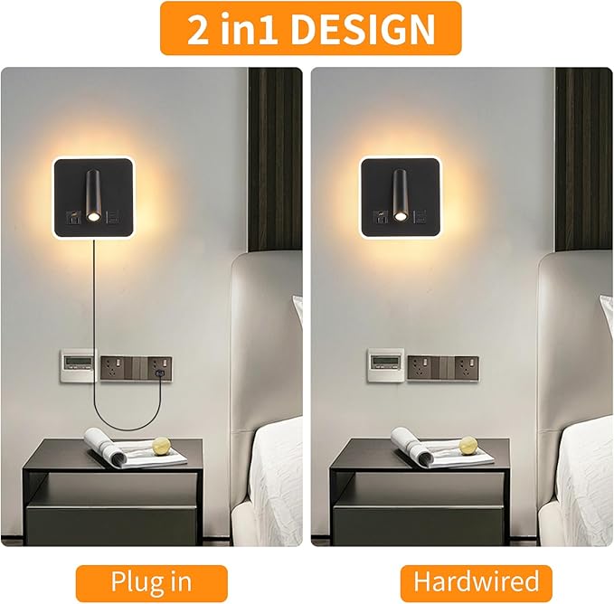 LED Wall Lamp Dimming Wall Mounted Reading Lights, Adjustable Headboard Plug in Wall Sconce with USB+USB C Ports, Headboard Bedside Lamp with 6W+3W Night Light 3000K (Gray)