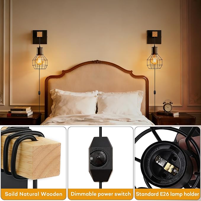 Lightess Plug in Wall Sconces Set of 2 Industrial with Dimmer Cord Control | Wall Mount Light Fixture with ON/Off Dimmable Switch Cord Rustic Accent Lights For Bedroom Living Room Bulb Not Included