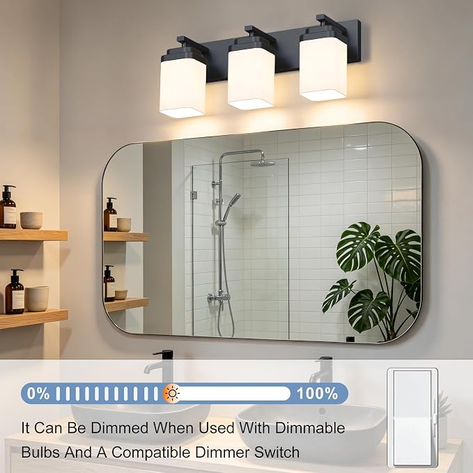 Matte Black Bathroom Light Fixtures, 3 Lights Bathroom Lighting Fixtures Over Mirror, Square Design & Rectangle Large Backplate, Modern Vanity Lighting Fixtures, for Living Room/Bedroom