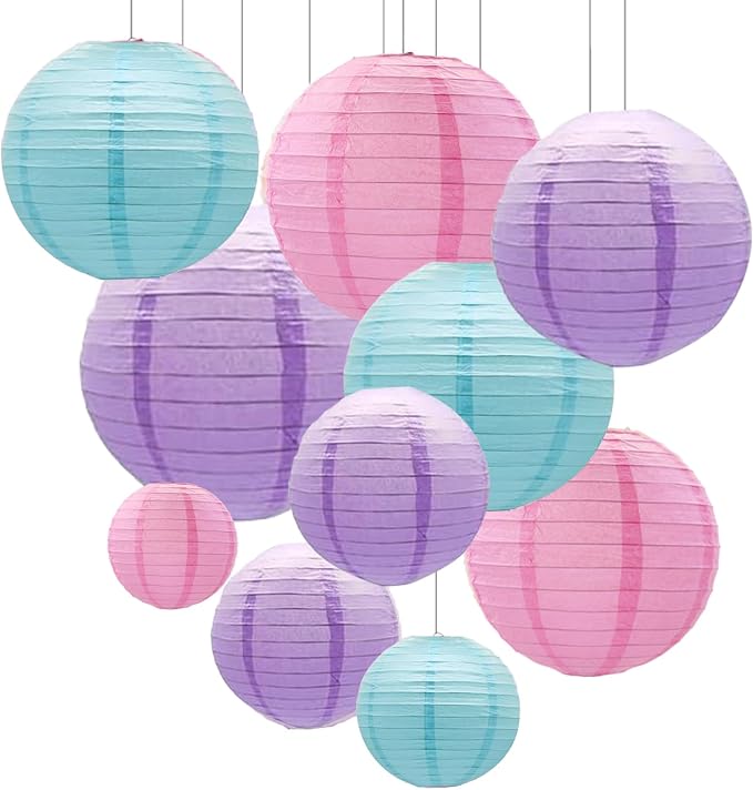 ZOOYOO 10Pcs Paper Lanterns,Pink Purple Blue Round Hanging Tissue Paper Lanterns Decorations for Birthday,Wedding,Baby Shower,Theme Party Garden Home Decor