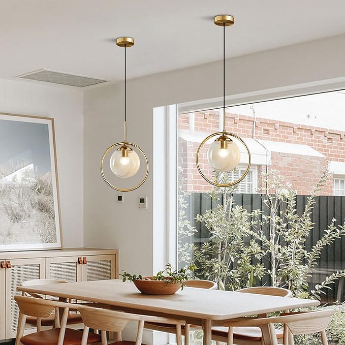 BOKT Modern 1-Light Globe Pendant Light Mid Century Amber Glass Ball Pendant Lighting Brushed Gold Single Round Circle Hanging Lamp Kitchen Island Dining Room Pendant Light Fixture