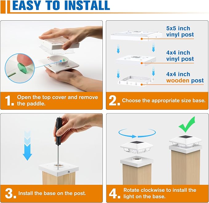 Solar Post Cap Lights,4x4 Post Solar Light,Cool White,24 Pack White | Fence Post Solar Lights for 4x4 Post Caps Wood Vinyl &5x5 Vinyl Post,IP64 Waterproof Solar Post Lights Outdoor for Deck