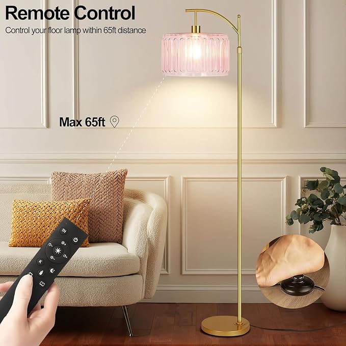 ILLMTW Pink Floor Lamp for Living Room,Bedroom,Gold Dimmable Standing Lamp with Remote,Mid Century Modern Brass Tall Lamp Boho Floor Lamps Arc Stained Glass Flower Floor Light Lamp Girls kids Bohemian