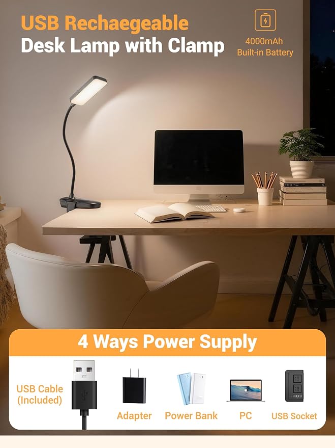 Clip on Light,9 Brightness+5 Color Rechargeable Lamp,48 LED Small Desk Lamp | 4000mAh Battery Powered Lamp,450 Lumen Clamp Light, Wireless & Cordless Book Reading Light for Bed/Bedside Table/Bedroom/Dorm