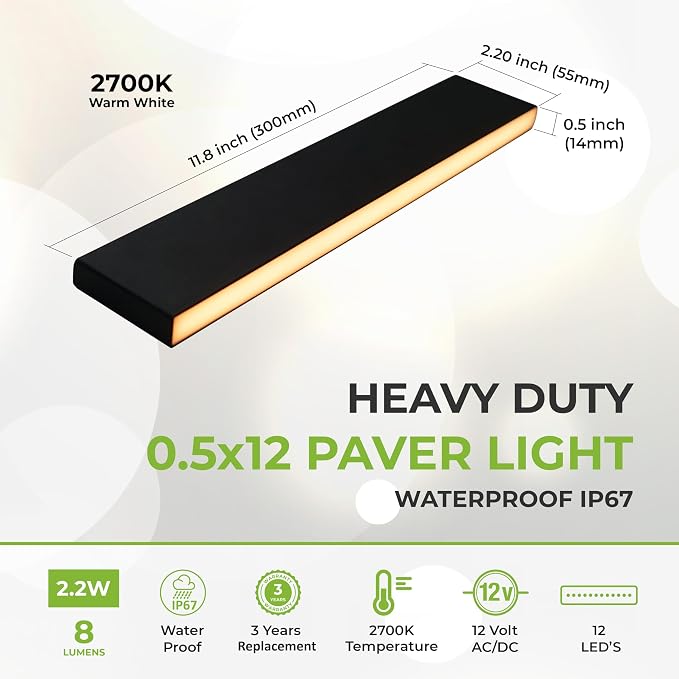 LUMENGY Paver Light Slim 0.5x12 Inch (0.55x11.8), 2700K Warm White, Glare-Free Linear Lighting for Driveways, Walkways and Paver Borders, 12V Hardwired, IP67 Waterproof, Drive-Over Rated