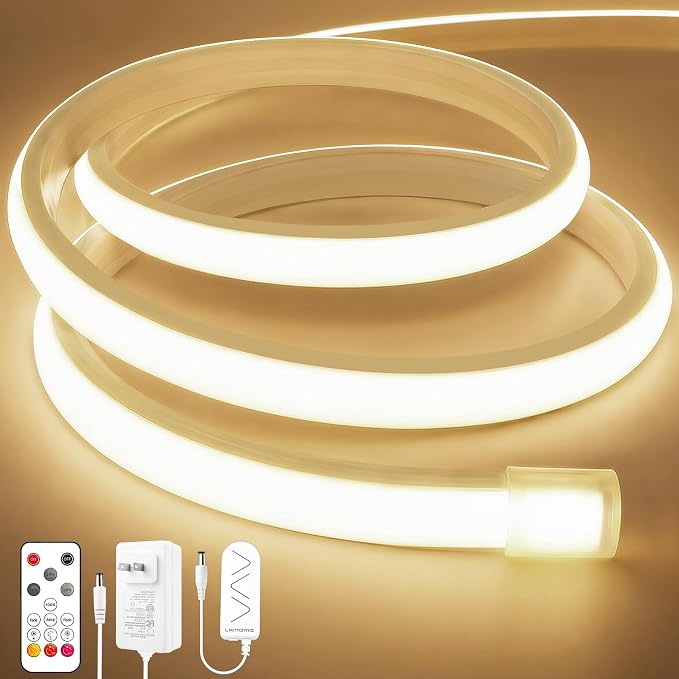 Lamomo COB LED Strip Lights 6.56Ft, Natural White Dimmable Self-Adhesive Led Rope Light with Remote, Flexible Cuttable Waterproof 3000K Silicone Neon Tape Light for Bedroom, Cabinet, 10mm Width
