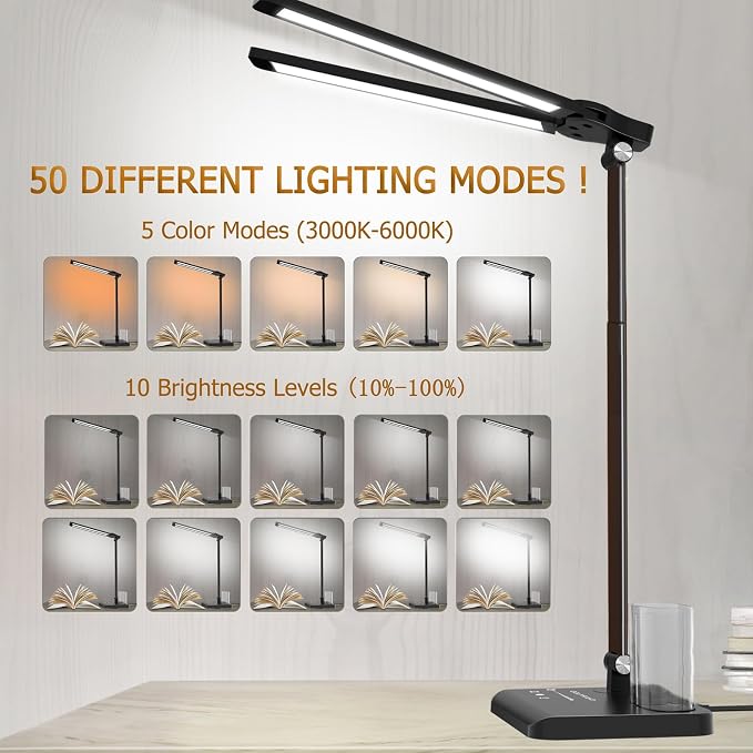 Retractable Dimmable LED Desk Lamp with USB Charging Port Desk Light | Height Adjustable 50 Lighting Modes Dual Swing Arm Architect Adjustable Table Lamp Light for Home Office Dorm Nail, Black