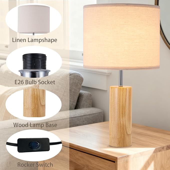 lapupu 23.5" Wood Table Lamps Set of 2 for Living Room, Vintage Farmhouse Bedside Lamps for Bedroom, Large Round Desk Lamps for End Table Nightstand, Natural Wood