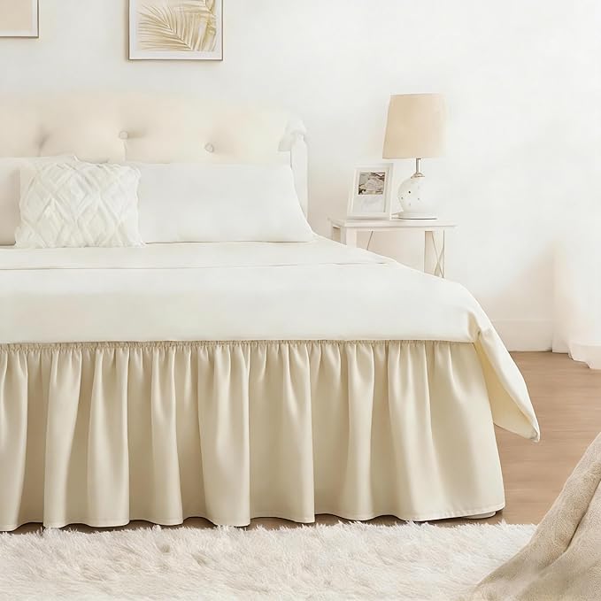 RIMELA Light Beige Bed Skirt King Size 18 Inch Drop, Elastic Bed Skirting for Bed Base and Frame, Bedding Dust Ruffle Easy to Install, Lightweight Wrap Around Adjustable Bedskirt