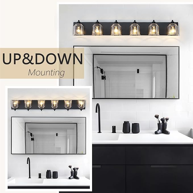 Vanity Lights for Bathroom Large 48 inch, Farmhouse Rustic Vanity Light with Bubble Glass Shades, Black 6 Light Bathroom Lighting Fixtures Over Mirror, Bath Wall Sconce Home Decor