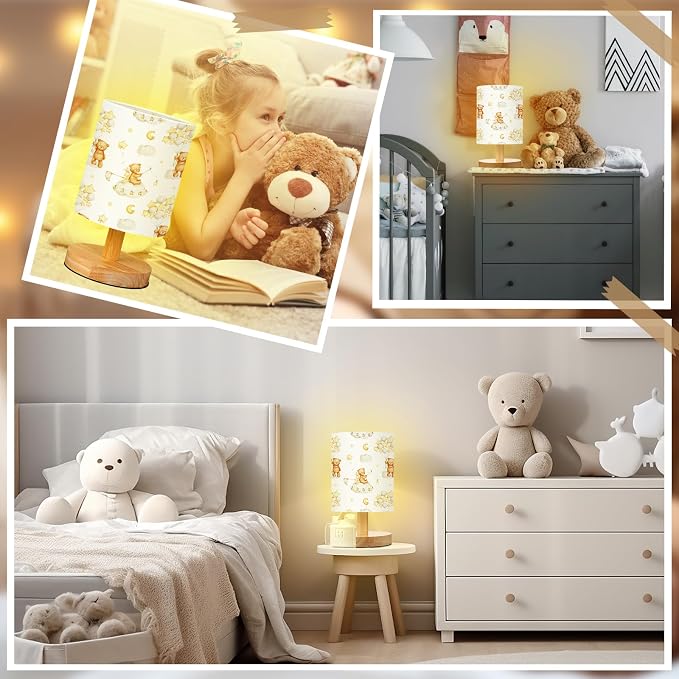 Bear Kids Table Lamp for Bedroom Kids Bedside Lamp with Linen Wooden Nightstand Cartoon Nursery Lampshade for Girls Boys Living Room