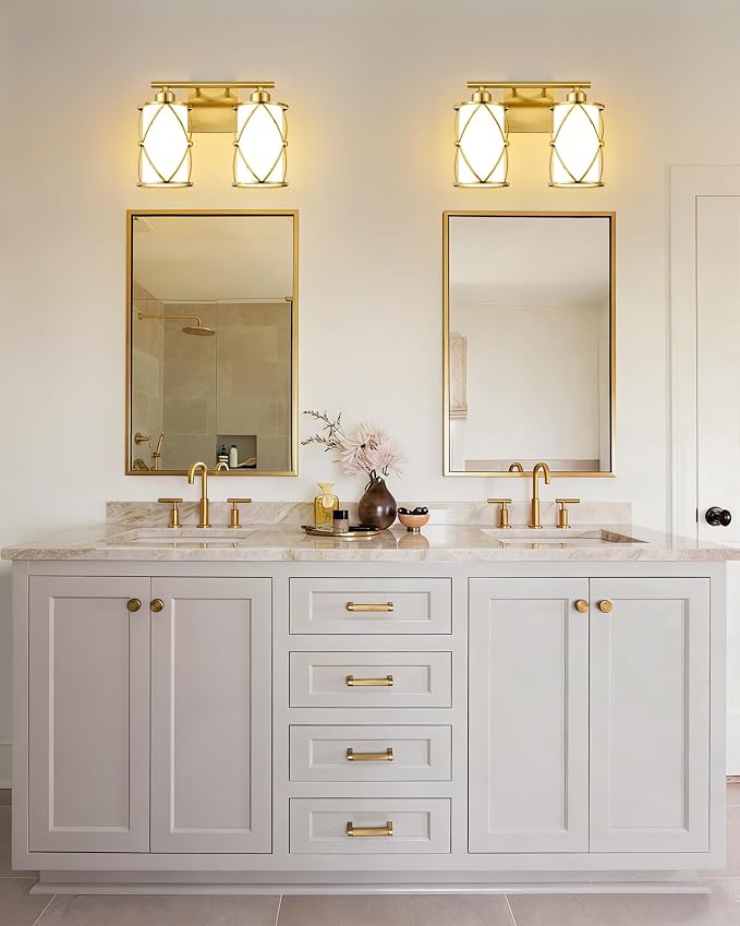 2-Light Brushed Gold Bathroom Light Fixtures with Milk Frosted Glass, 13.8" Modern Bathroom Vanity Lighting Fixtures Over Mirror with Metal Cage, Wall Sconce Lights for Bath, E26, CH9176BGW-2W