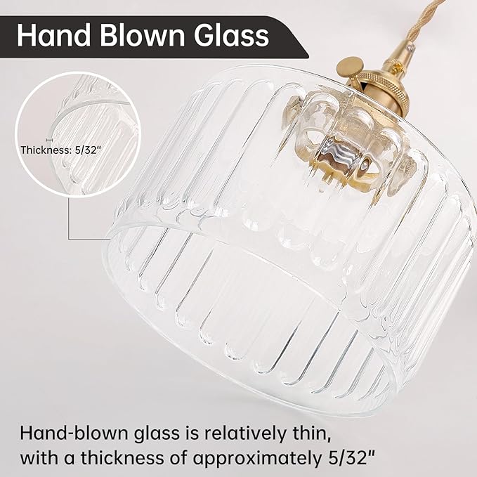 Plug in Pendant Light Hanging Light Fixtures with Plugin Cord On/Off Switch,Clear Striped Glass Lampshade Brass Pendant Light