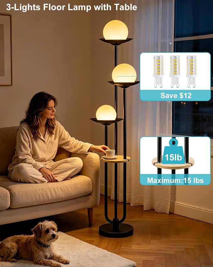 3-Globe Floor Lamp with Table, 63IN Mid Century Modern Floor Lamps Dimmable with 3000K Warm White Bulbs for Wedding/Party, Black Tall Standing Lamp for Living Room/Bedroom/Home Office