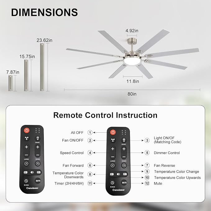 80 Inch Ceiling Fans with Lights and Remote,Living Room Office Library Cafe Outdoor, 5CCT Dimmable, Dual Color 8 Blades, 6 Speed Reversible Quiet DC Motor, Dual-Layer Shade, Sand-nickel/Wood Grain