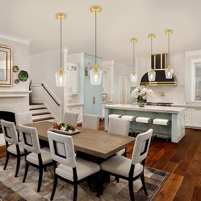 3-Pack Modern Pendant Lights Kitchen Island Brushed Gold Glass Pendant Lighting Over Island Kitchen Hanging Light Fixtures Adjustable Pendant Lights for Dining Room Bathroom Bedroom