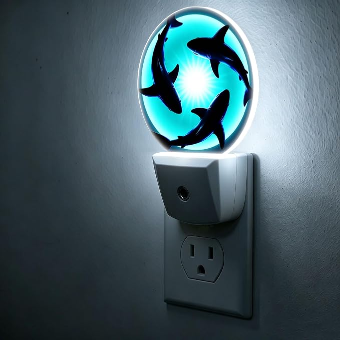 Nightlight Ocean Blue Plug-in Night Lights Dusk to Dawn | Floating Sharks Night Light LED Round Lamp with Auto on/off Sensor for Kitchen Hallway Bedroom Bathroom