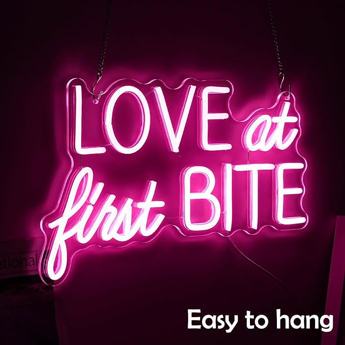 Love At First Bite Neon Sign Led Pink Words Neon Light Sign Wall Art Neon Light For Wedding Light Up Sign For bedroom Bar Pub Party 15.7"X10.2"）