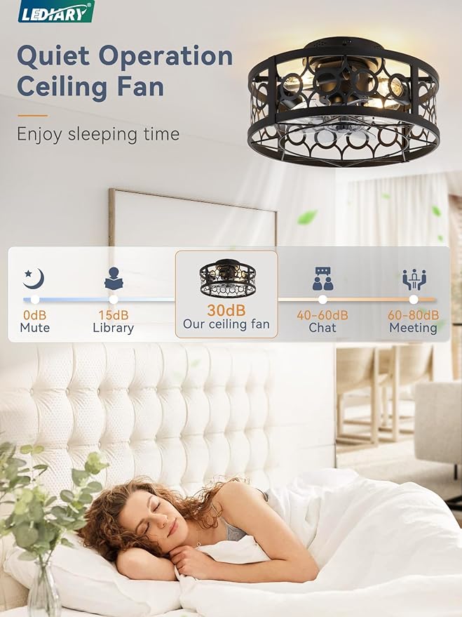 LEDIARY Caged Ceiling Fan with Light and Remote, 16in Small Low Profile Ceiling Fans with Lights, 6 Speed Farmhouse Flush Mount Ceiling Fan for Bedroom, Kitchen, Living Room-Black